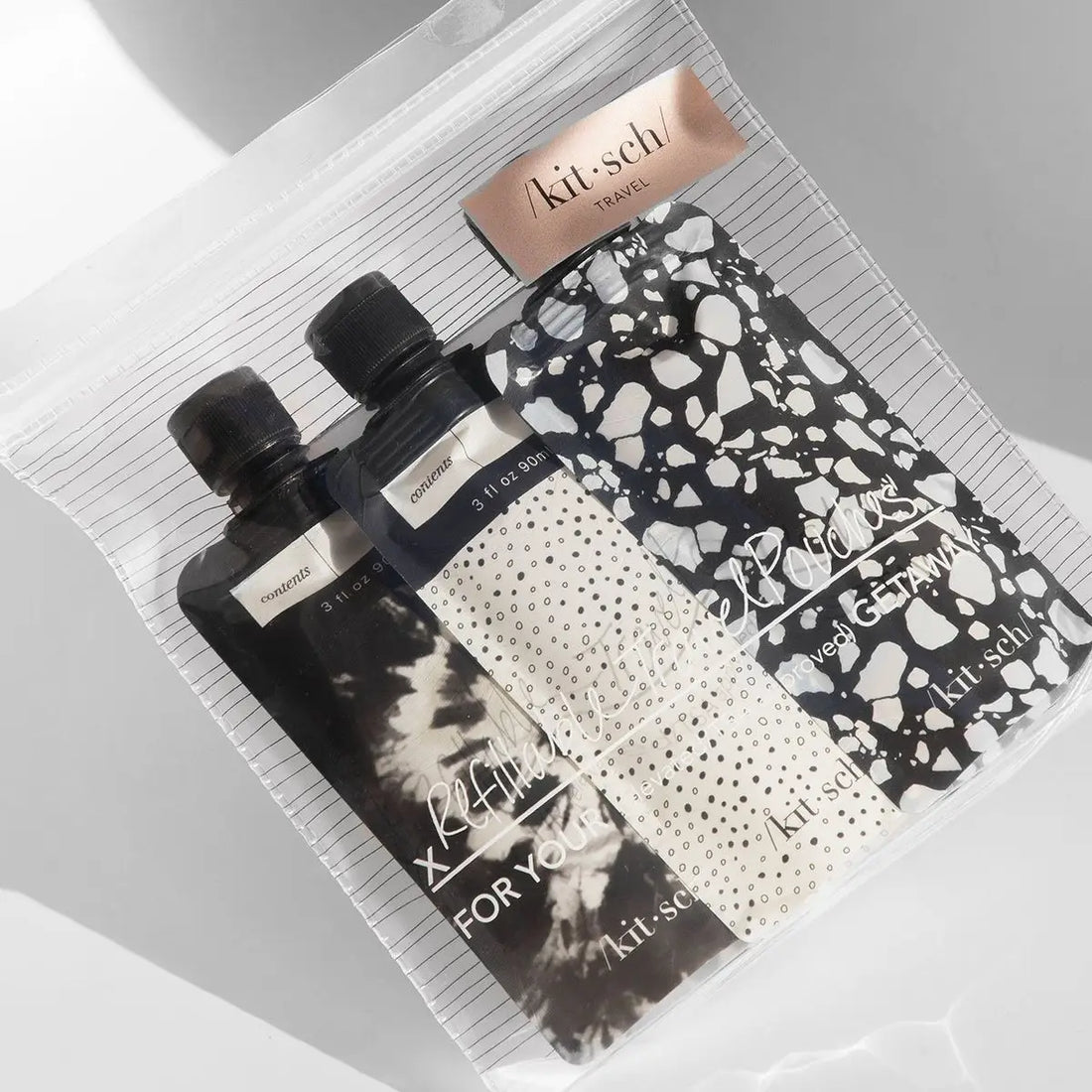 KITSCH Refillable Travel Pouches in Black & Ivory